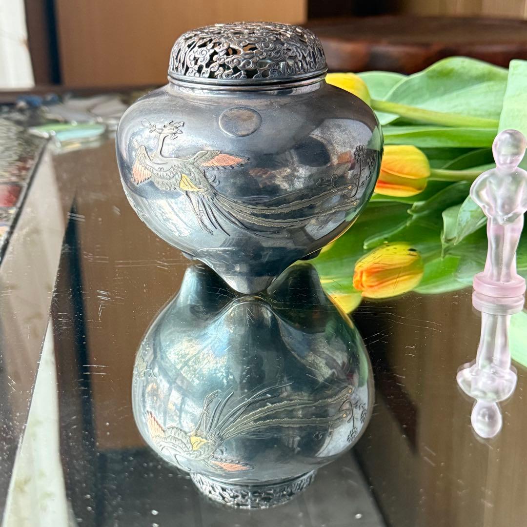R様へ感謝お嫁入り‼️宝石王愛蔵品純銀金銀象嵌　桐花鳳凰雲竜火屋刻銘純銀香炉1客