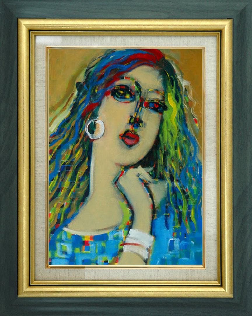油絵 菅家令子 絵 絵画インテリア 額付(青緑＋金色の枠)F6-080212女性