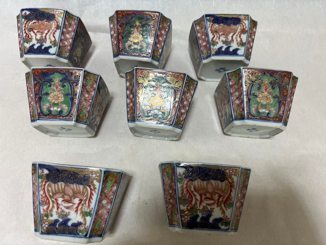 うつわ8角古伊万里 多彩花な鳳凰江戸後期 約口径 9.5㎝時代物8点木箱あり