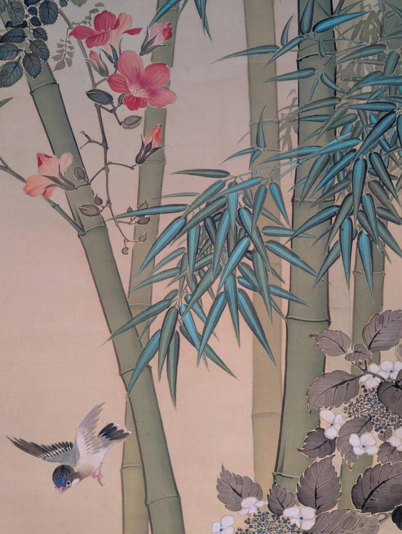 【真作】掛軸　谷川紫鳳　竹花鳥図　花と小鳥の彩色画　日本画　合箱入　U64