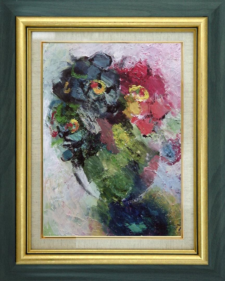 油絵 菅家令子 絵 絵画インテリア 額付(青緑＋金色の枠)uF6-111302花