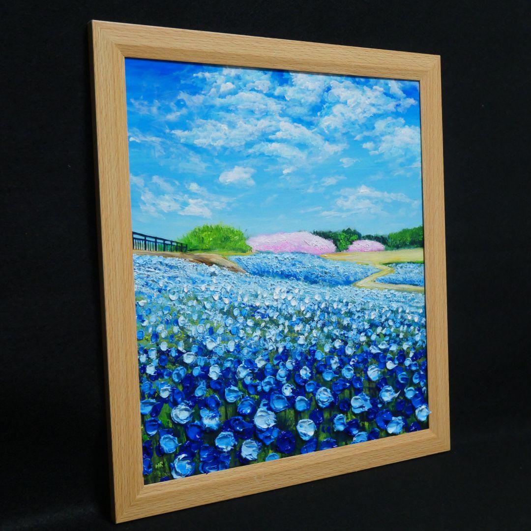 油絵 油彩 油彩画 絵 絵画 【ネモフィラと桜】