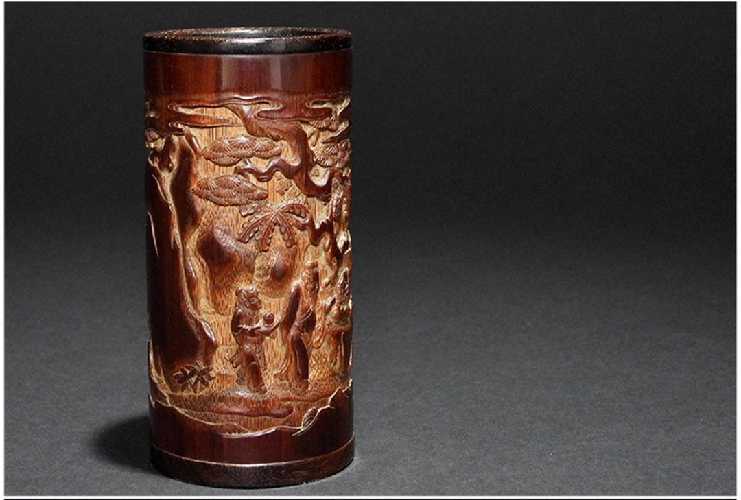 中国美術 古竹 彫刻 風景 賢人 図 筆筒 筆立/文房具書道具筆墨紙硯