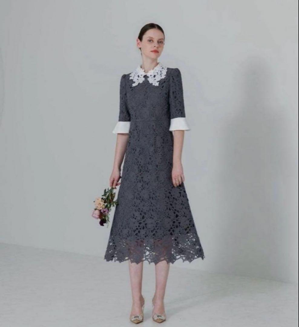 【Leja】花柄レースカラースパンコール刺繍Aラインフレアドレスワンピース