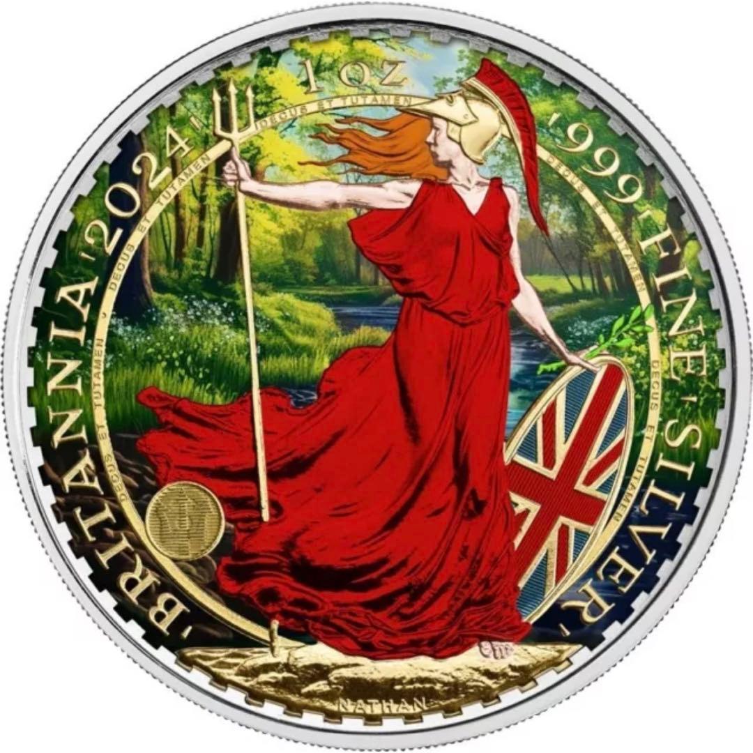 世界100枚限定 イギリス ブリタニア 銀貨 カラー 女神と自然の調和：春の森