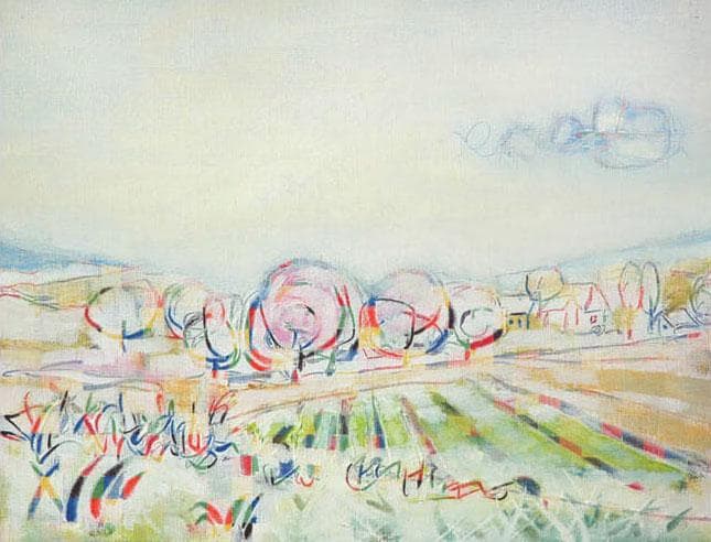 絵画 インテリア 絵 額付(青緑＋金色の枠) 油絵F4-080311 風景 畑