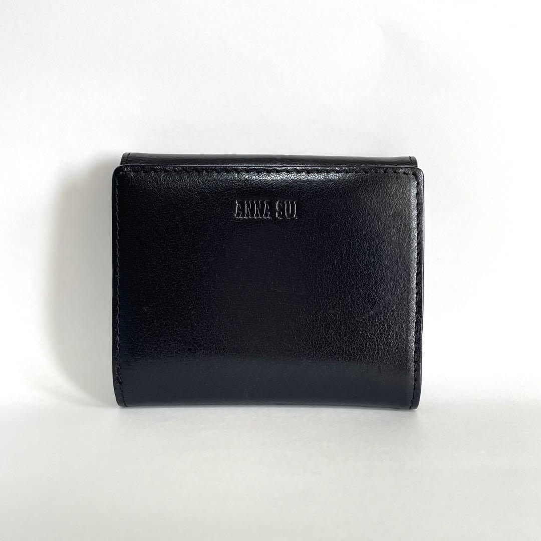 極美品 ANNA SUI 二つ折り財布 黒 レザー バタフライ 蝶 コンパクト