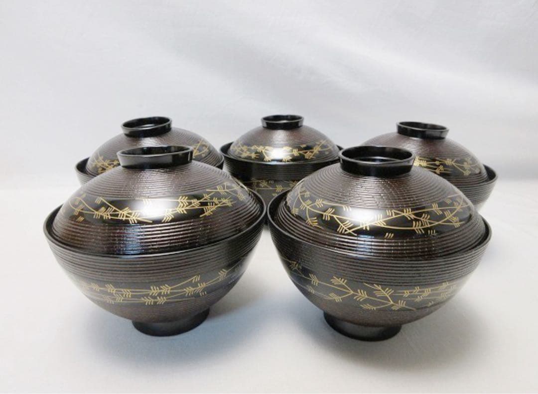 ほぼ未使用 懐石道具 木製溜塗 千筋 蒔絵 吸物椀5客揃 内黒 雑煮椀 木箱