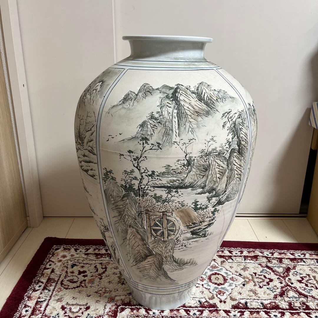 四季山水画装飾の陶器花瓶　白磁韓国　MONSTER 骨董品　美術品　限定品