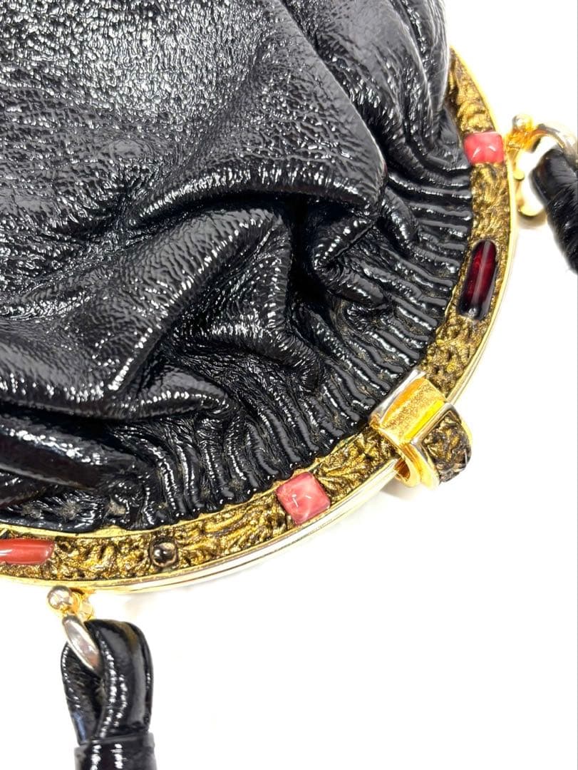 濱野（HAMANO） ハンドバッグ　サンピエトロ　がま口　ビジューストーン　黒