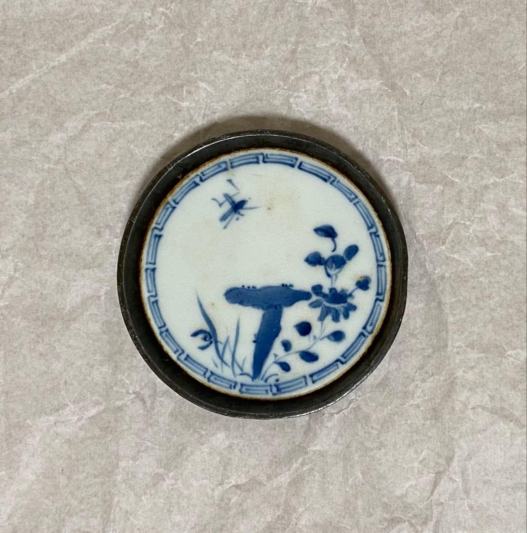 煎茶道具　中国唐物　古錫茶托　浄足銘　花に虫図染付　希少