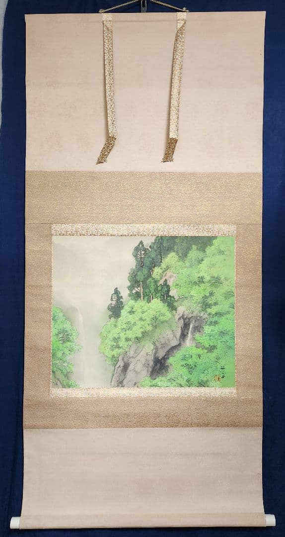 【翠渓雨霞図(新緑に滝)】川島梅関 1008 共箱 掛け軸 肉筆 山元春挙門下