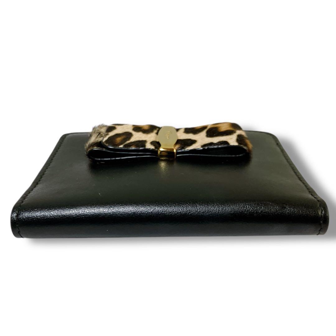 サルバトーレフェラガモ 良品 イタリア製ハラコヴァラリボン 2つ折り財布ブラック