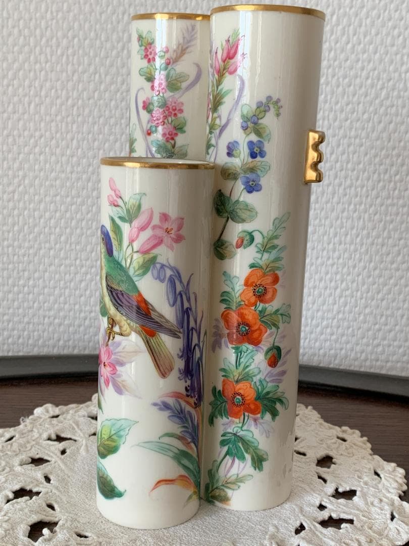 ✨特別価格✨ロイヤルウースター金彩耳付き花鳥文様3連管の花瓶　英国アンティーク