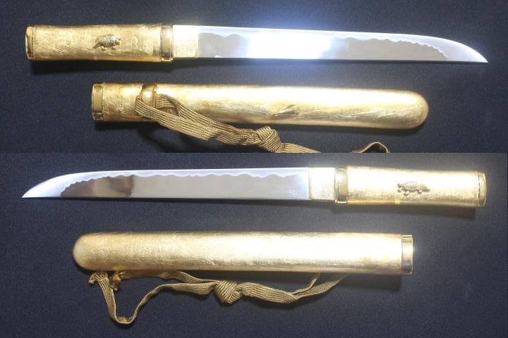 長寿守刀 亀図目貫 栗型 返り角付 金箔貼り鞘 合口拵 袋付 模造刀 ★中古品