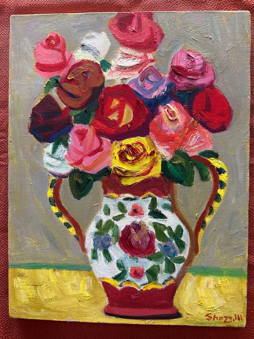 2114様感謝 ‼️村田省蔵「 薔薇 」肉筆油彩F6号署名共シール差函