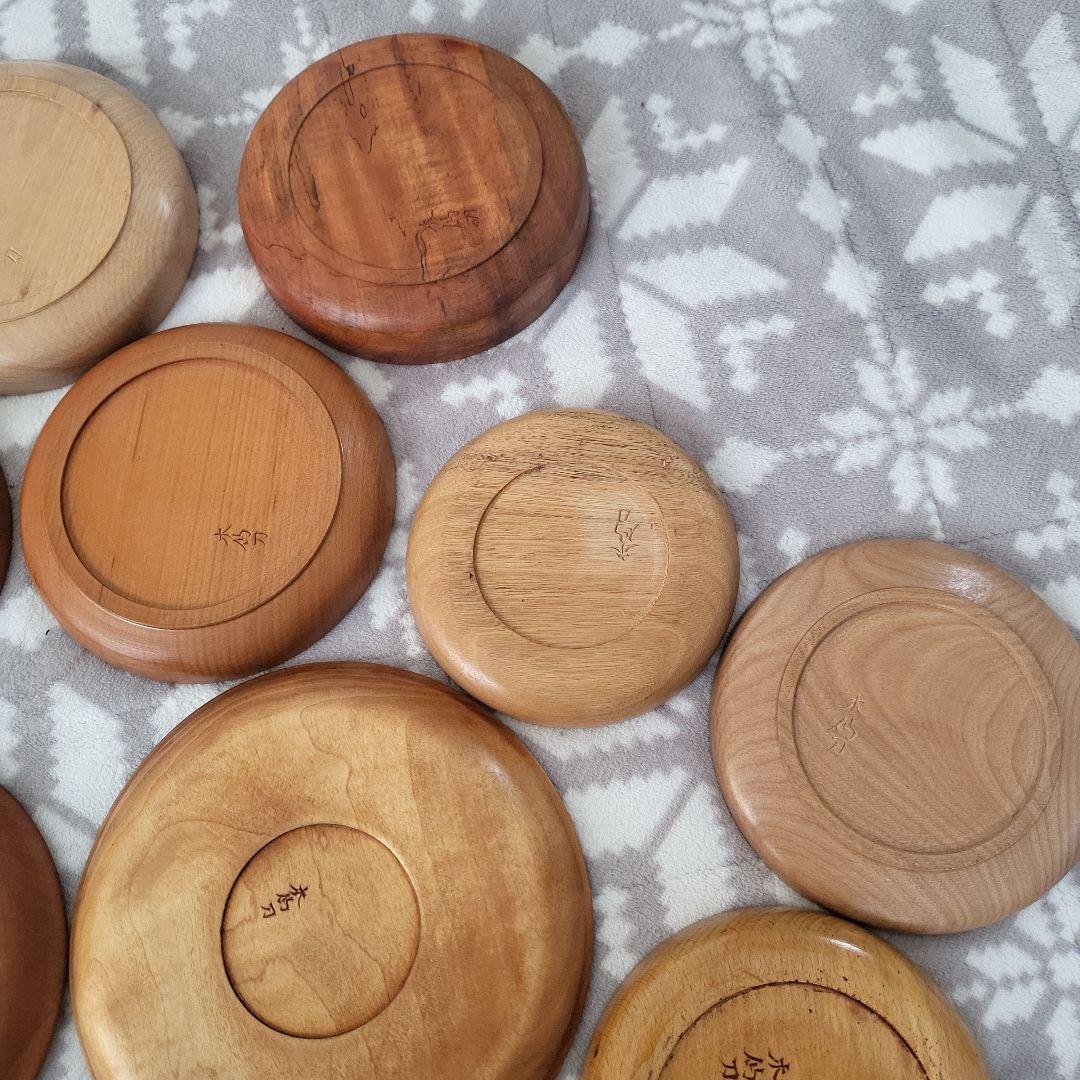 木製 彫刻盆 12枚セット お盆 宮島彫 お菓子 茶 鶴 桜 牡丹 扇 レトロ