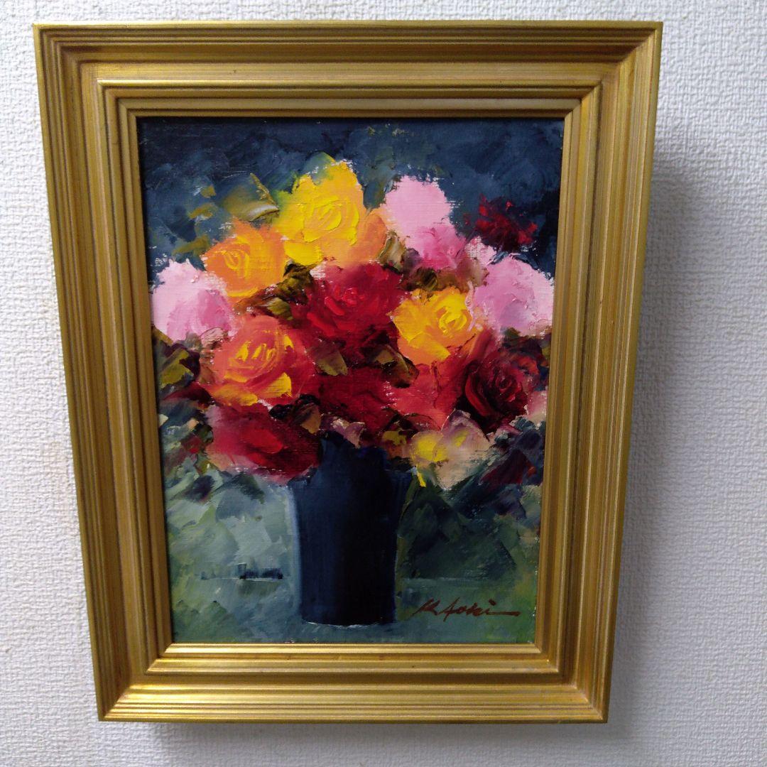 肉質油絵　立て　バラの花と花瓶　青木今陽　額装仕上げ品