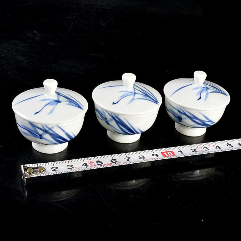 京焼　平安　光峰作　染付笹文　蓋付　猪口　３客　V　6061