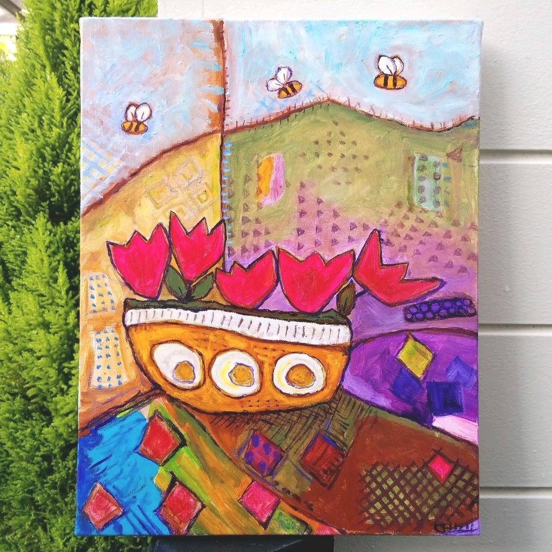 キャンバス油絵　専用　赤いお花とみつばち