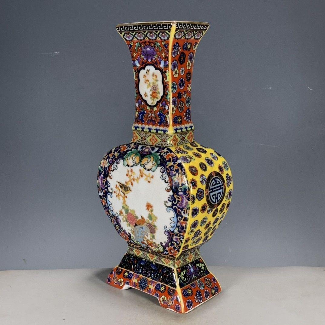 清代パステル蒔絵花鳥開窓扁腹尊瓶 景徳鎮 装飾品 現代工芸品美術品 置物