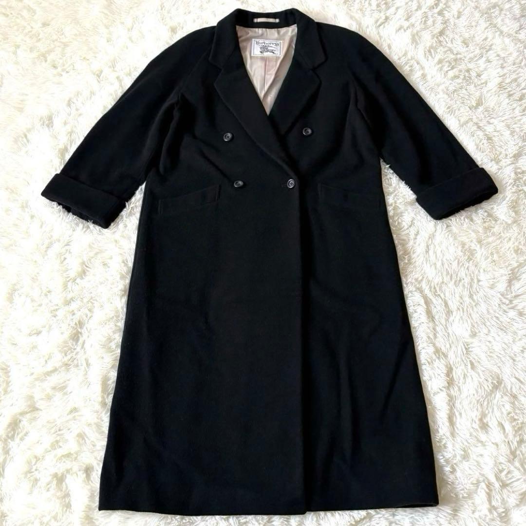バーバリー カシミヤ混 ダブルチェスターコート ロング マキシ丈 ブラック L