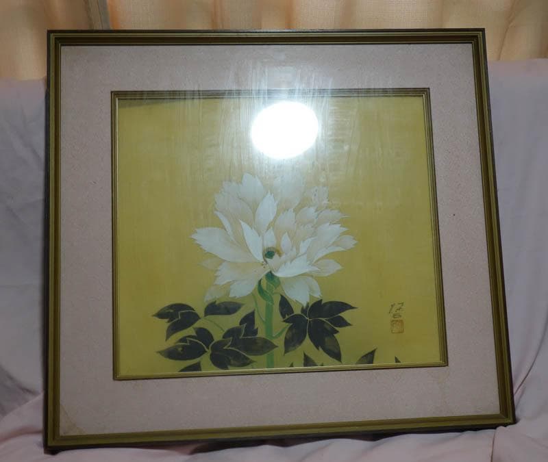 真作　日本画　真作　花　牡丹　額装 額71cm×65ｃｍ 深石　2128