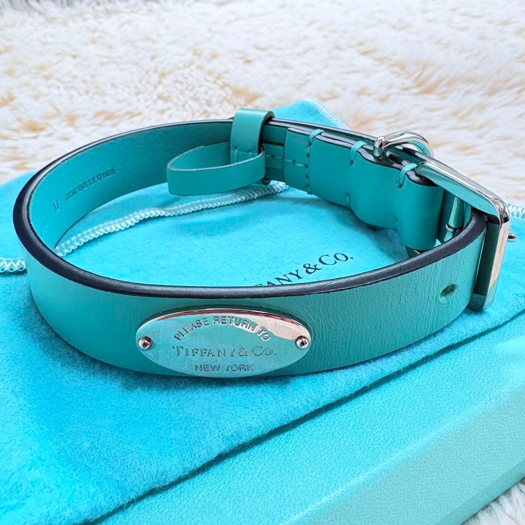 未使用級✨Tiffany レザー首輪 M プレート 金具 4段調整