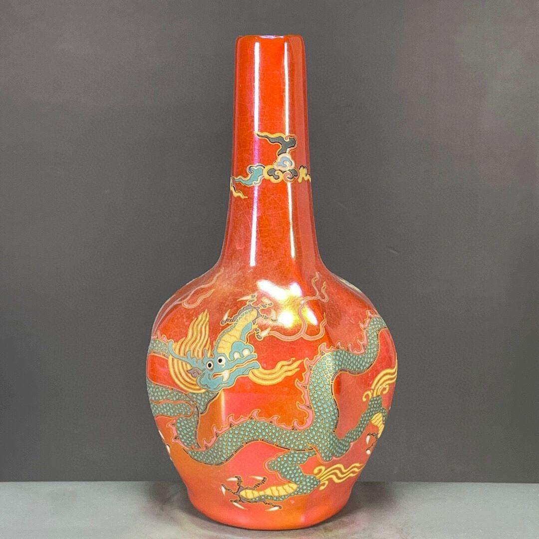 宋清涼寺七彩龍紋瓜稜夜光磁の花瓶 景徳鎮 陶磁器 装飾品 現代工芸品美術品 置物