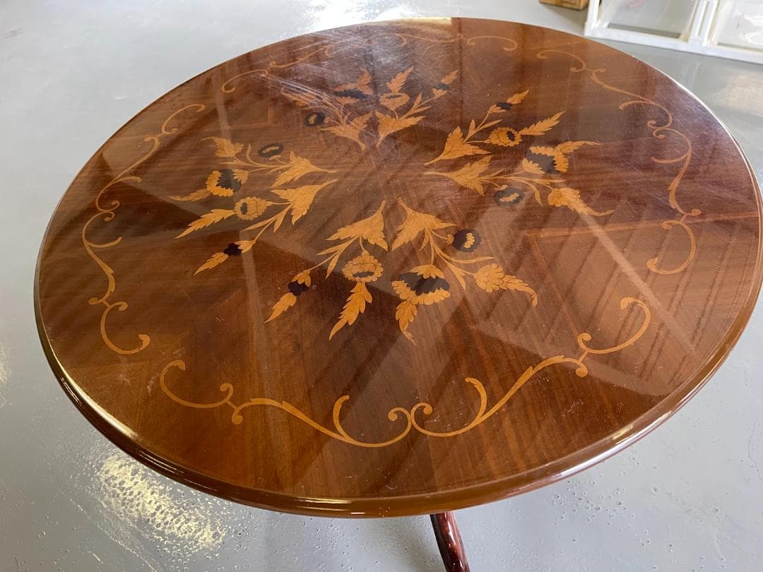 象嵌 ラウンドテーブル 猫脚 木製 直径80㎝ 丸テーブル アンティーク調