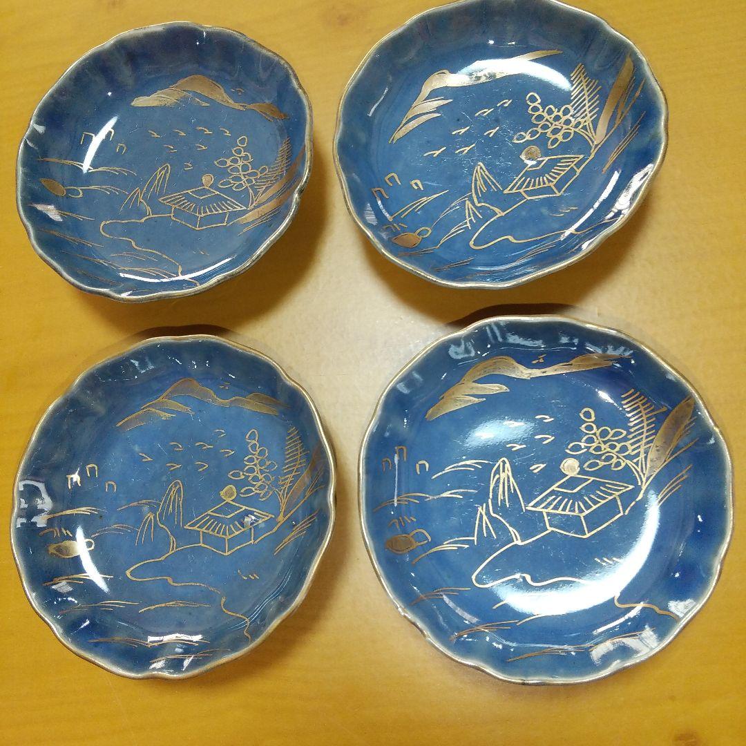 古伊万里 瑠璃釉金彩 山水画紋様 豆皿 4 客