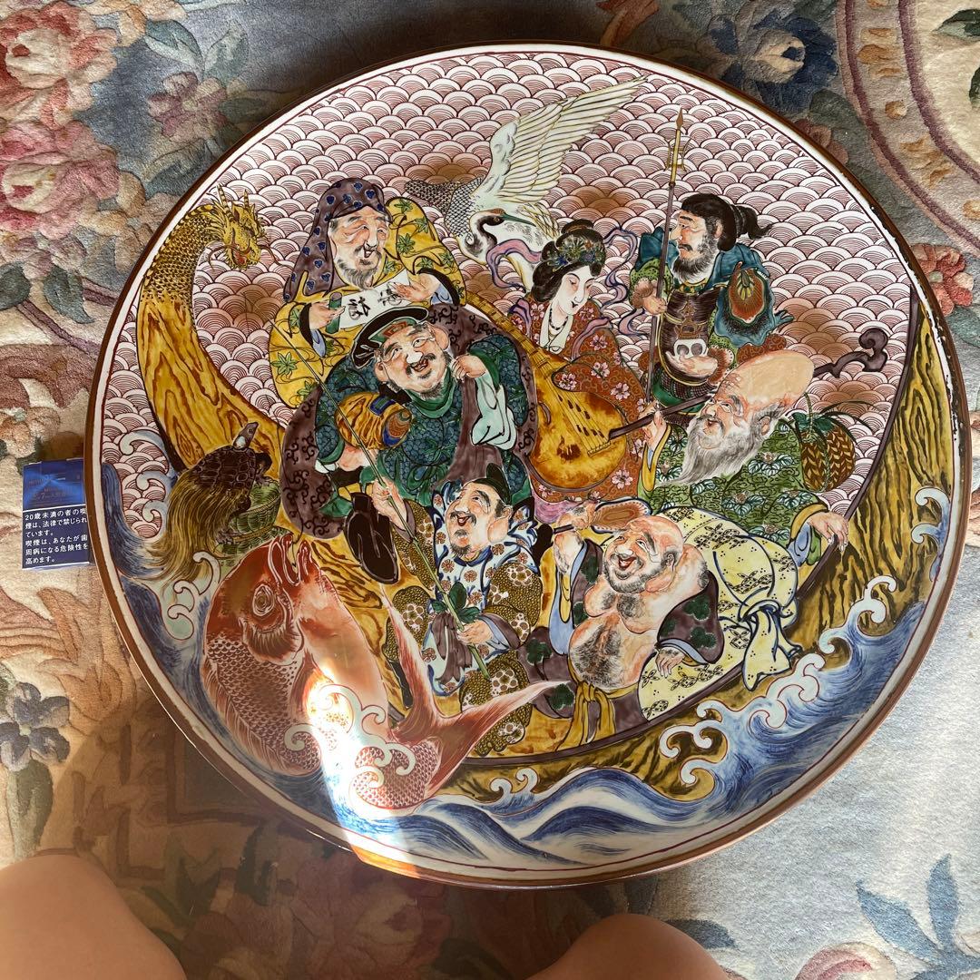 九谷焼　松龍作　七福神飾り大皿　2尺1寸7分8厘