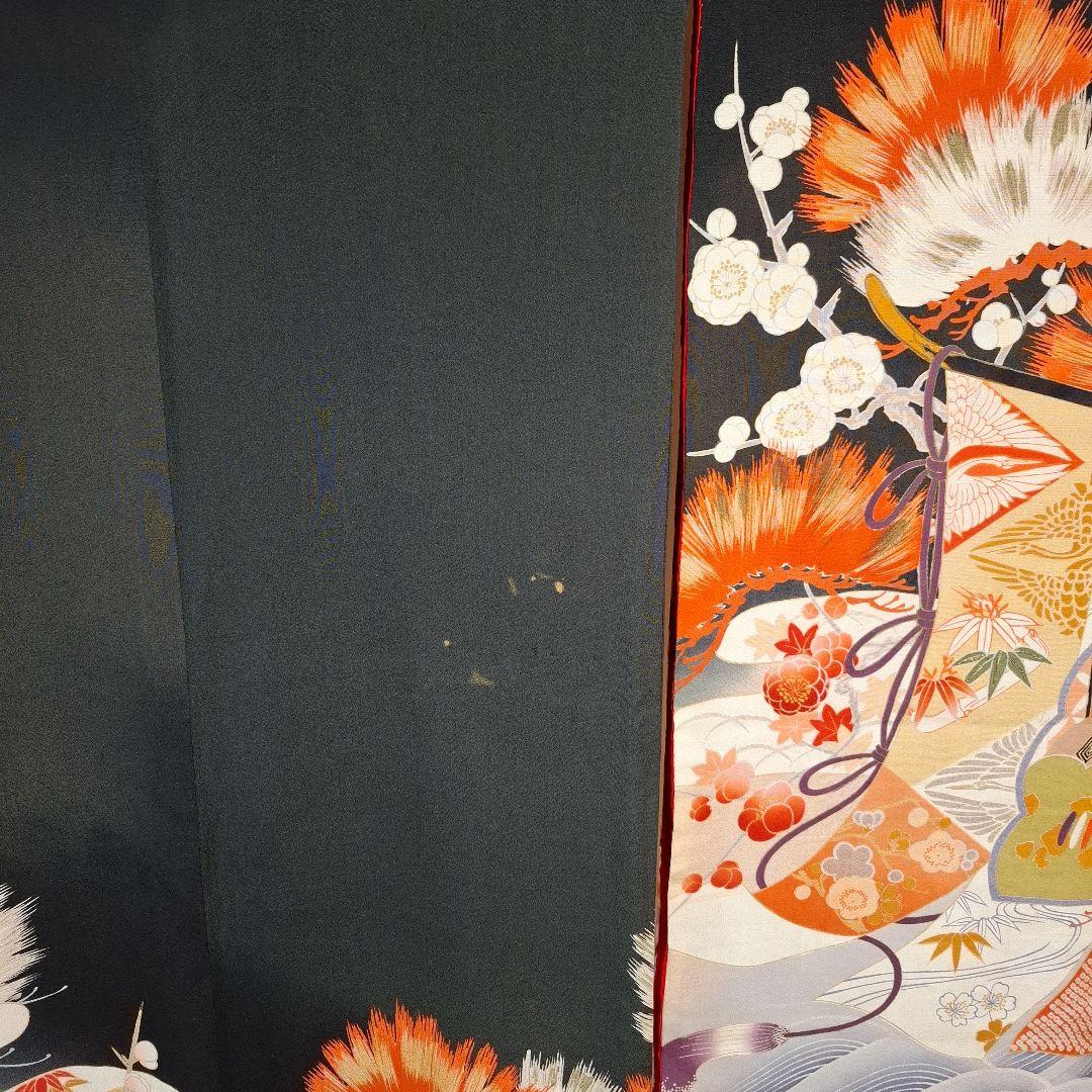 振袖 黒とオレンジ 松と花模様 帯付き