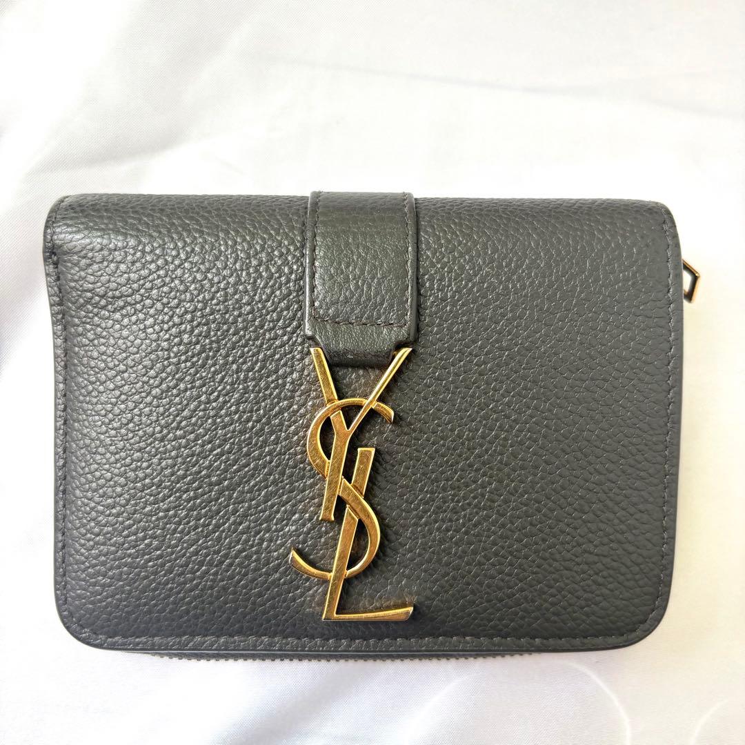 美品✨サンローラン 折り財布 ジップウォレット カサンドラロゴ レザー グレー