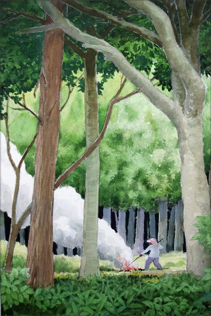 絵画「初冬の森の焚火」