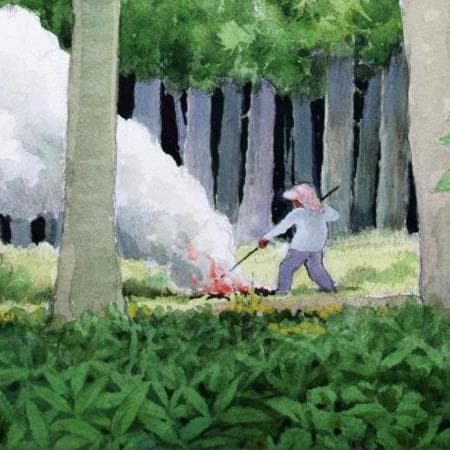 絵画「初冬の森の焚火」
