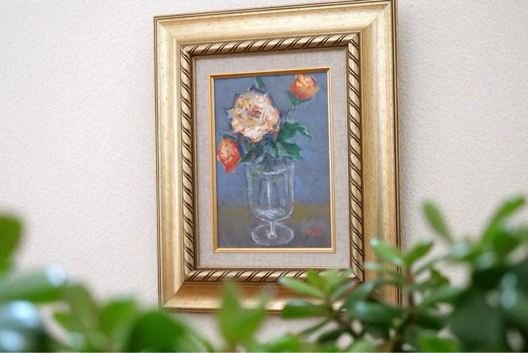 【肉筆】油絵 薔薇 豪華額縁付き 薔薇の絵 真筆 アンティーク インテリア 風水