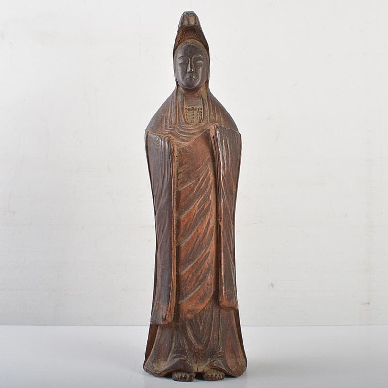 仏教美術　木彫　観音菩薩立像　仏像　在銘　高さ約31cm　時代箱付　MR7171