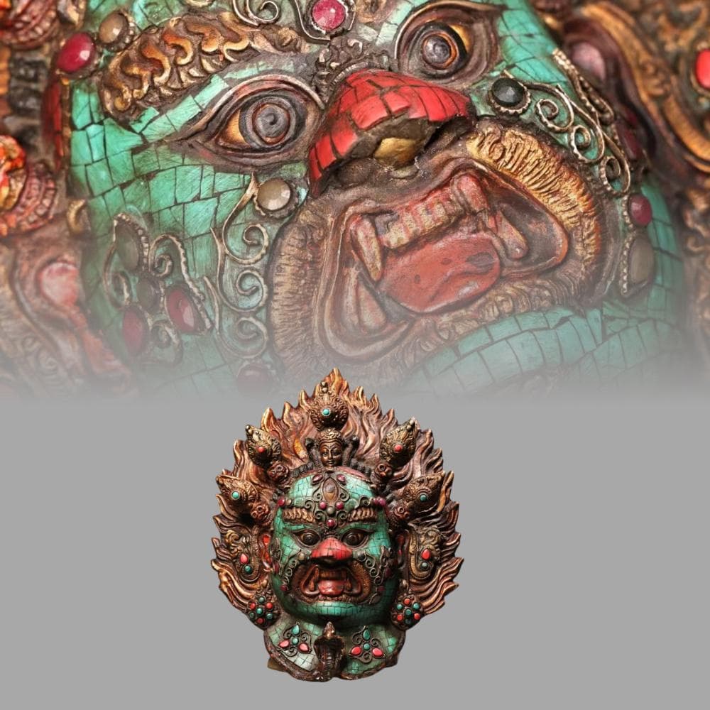 中国古美術『西蔵寺院旧蔵 マハーカーラ面具』純銅製 鍍金彩絵 高浮彫鏨刻 極細工