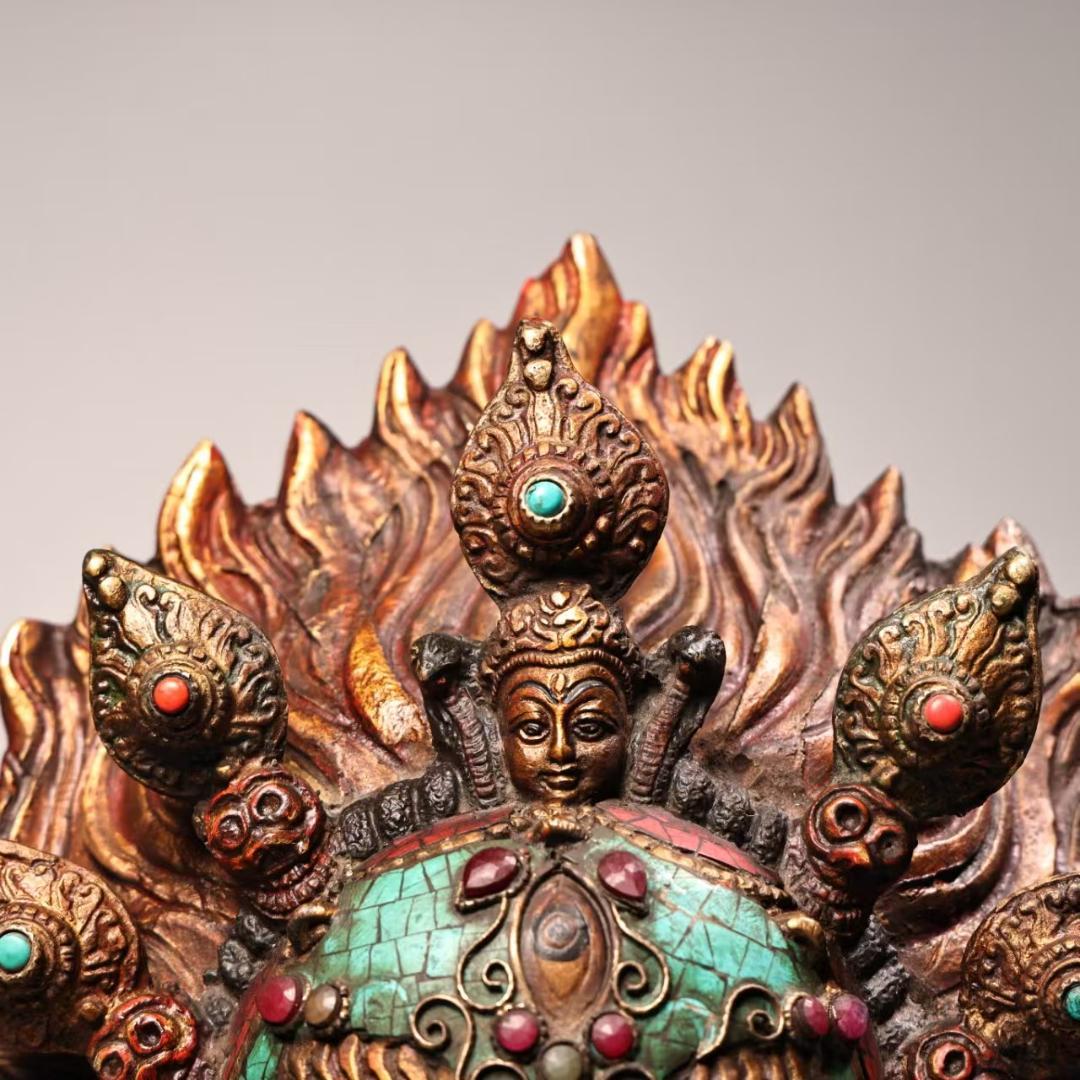 中国古美術『西蔵寺院旧蔵 マハーカーラ面具』純銅製 鍍金彩絵 高浮彫鏨刻 極細工