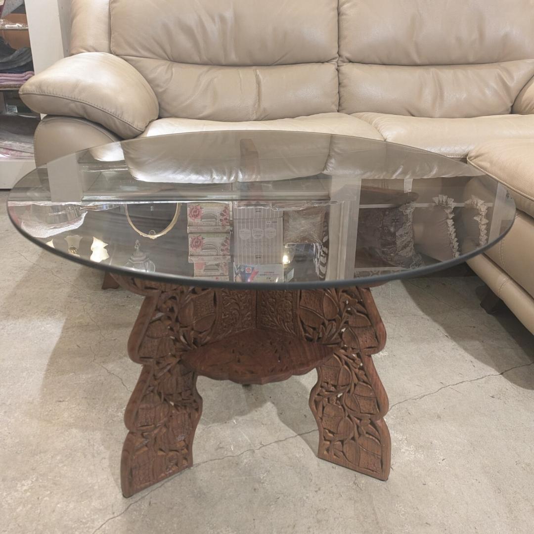 専用ページ 木彫りガラス テーブル 彫刻 天板ガラス 丸テーブル サイドテーブル