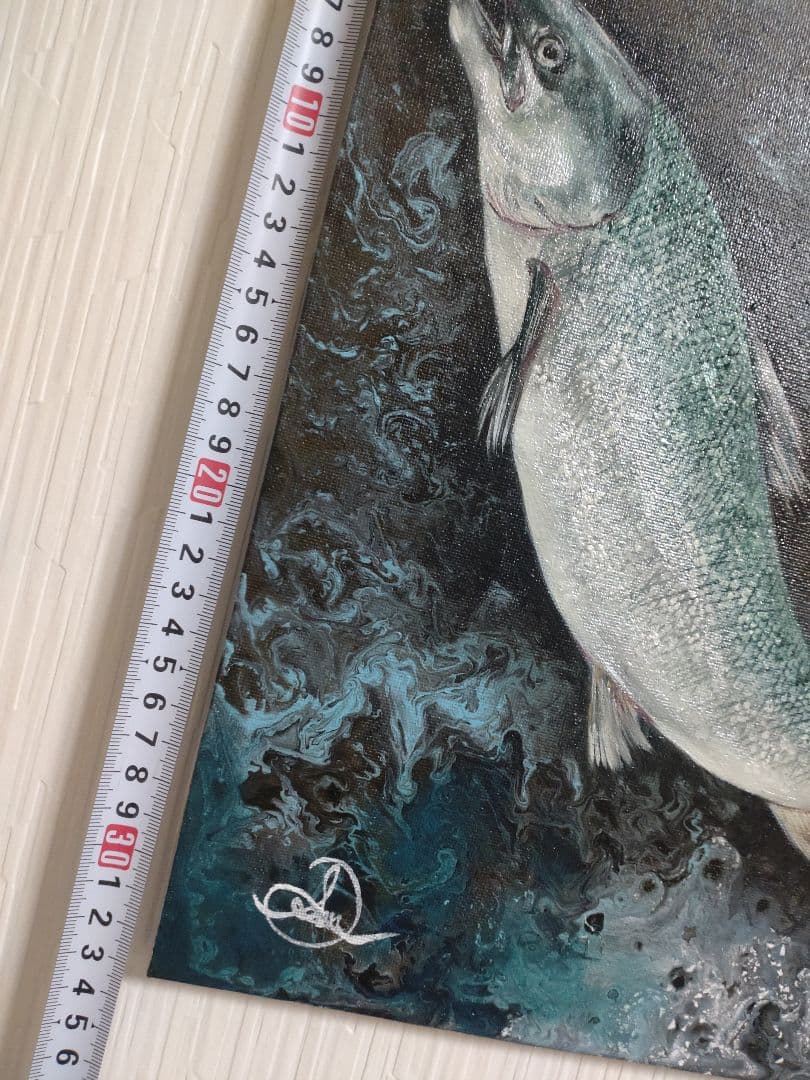 鮭の油絵【鮭の夢】作者サイン入り/真作/F4号キャンバス