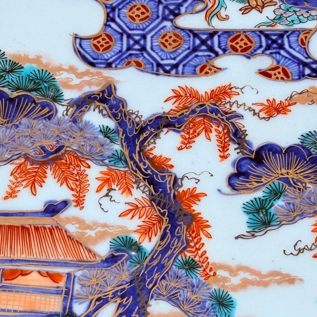 古伊万里　染錦　鳳凰　松竹梅　飛魚　千鳥　八角皿　冨貴長春　超細密技巧　46㎝