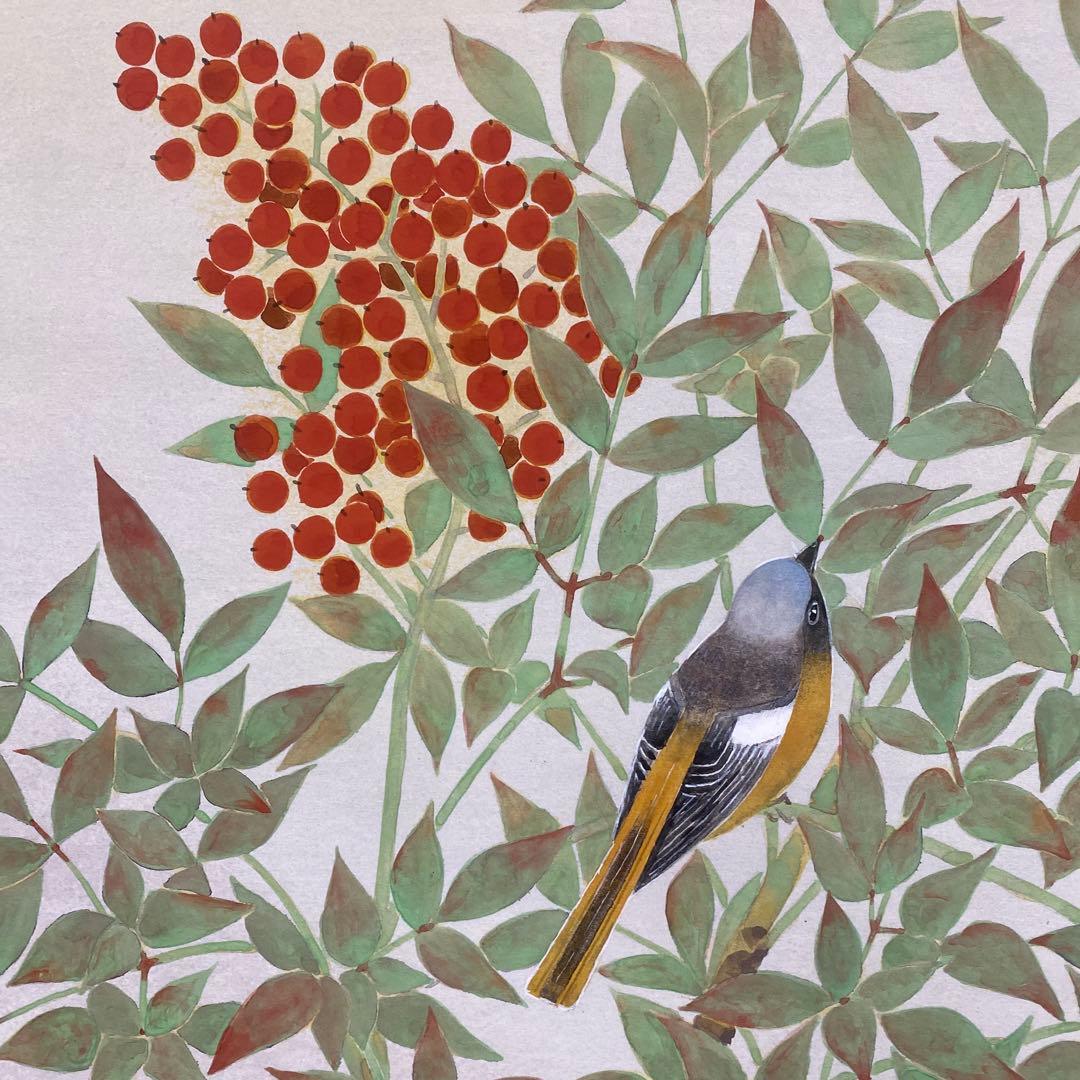 美品 掛け軸 紅山幸水作「南天小禽」共箱 太巻き付 二重箱 花鳥 厄除け