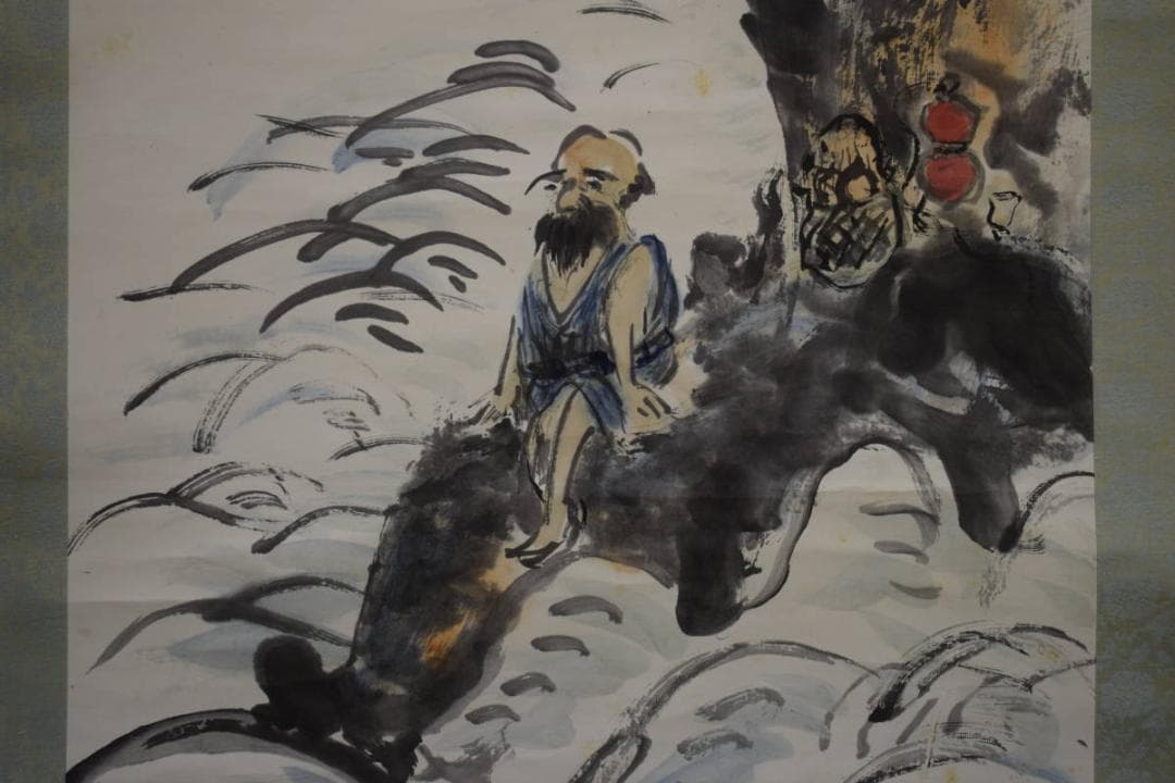 真作/翠堂/岩壁人物図/布袋屋掛軸HF-515