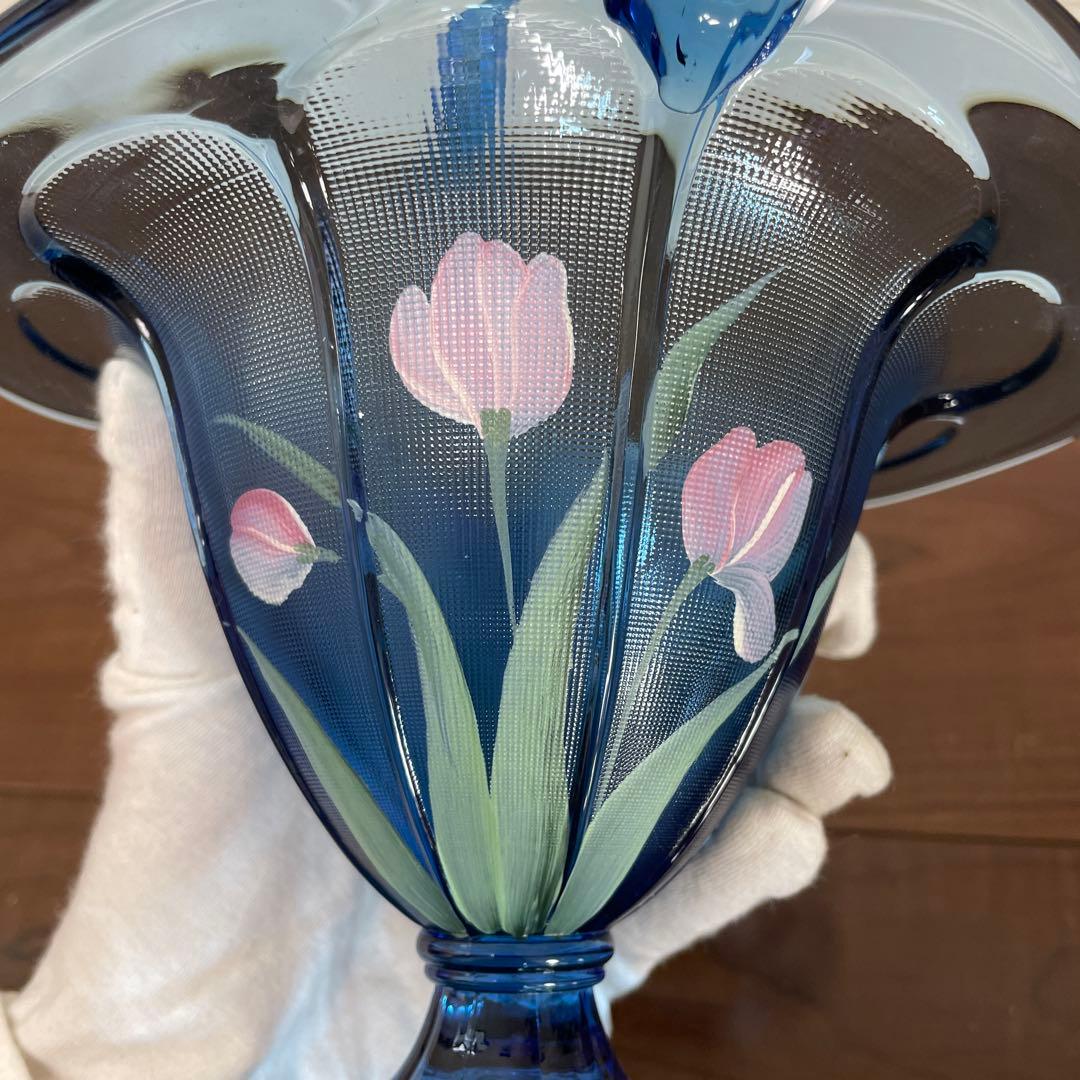 フェントン　ハンドペイント　ブルー チューリップ ガラス バスケット