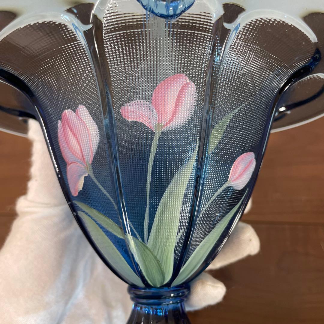 フェントン　ハンドペイント　ブルー チューリップ ガラス バスケット