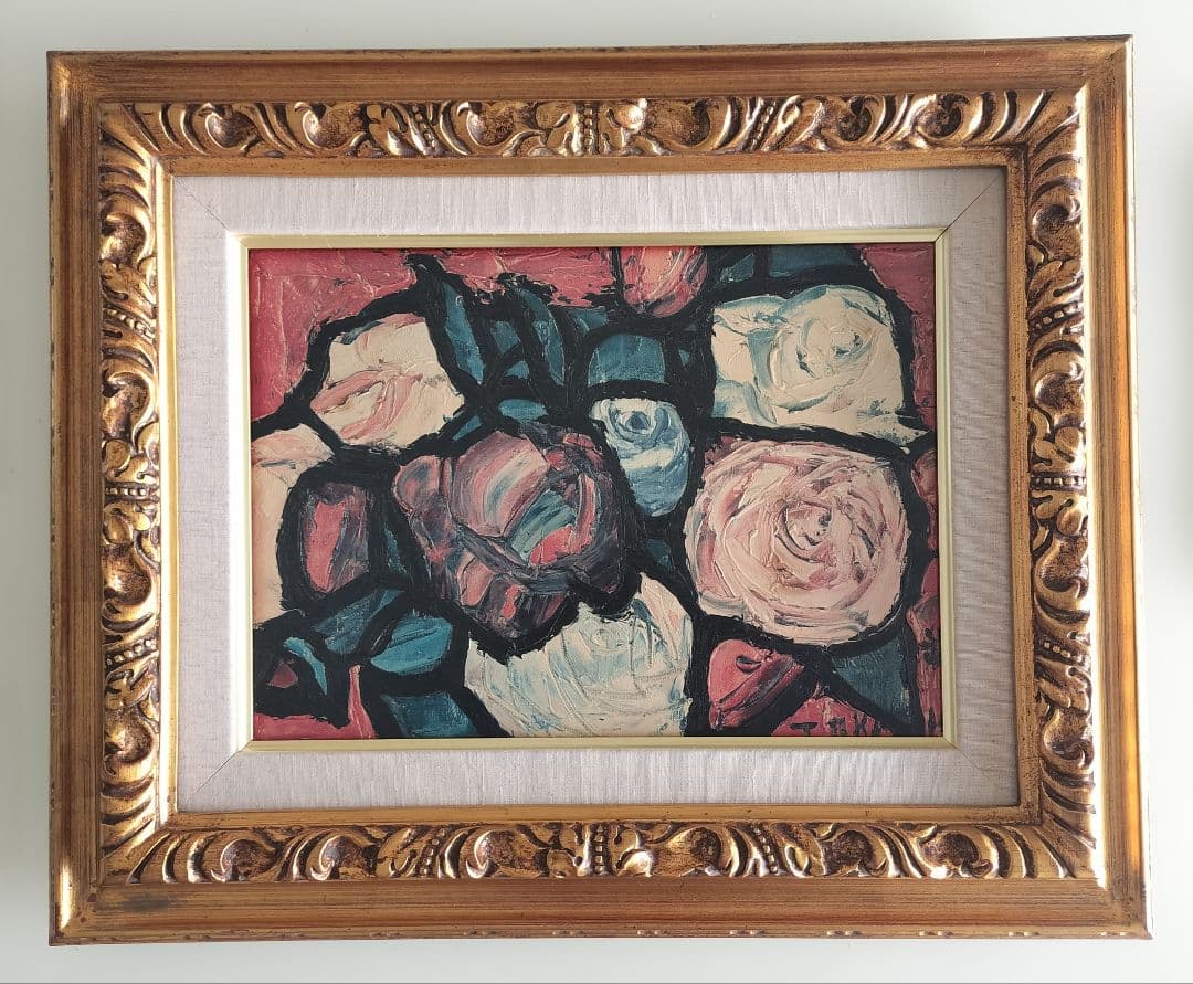油彩画　林武　薔薇　額装　希少 日本絵画