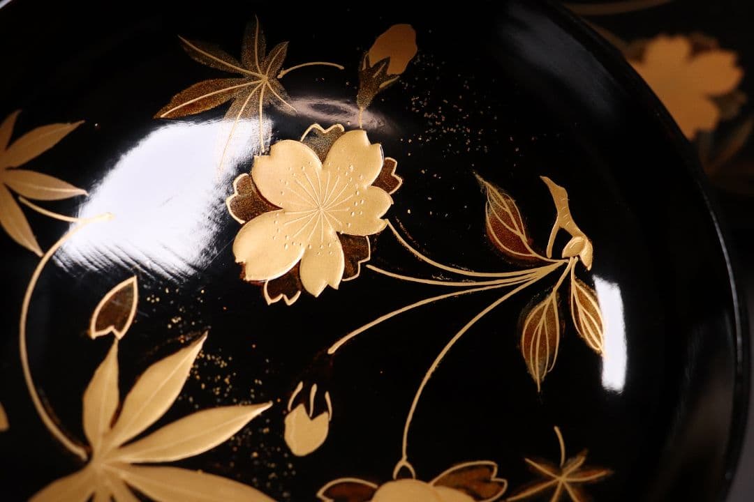 時代木製漆器 桜紅葉 黒蒔絵椀 五客 金蒔絵 梨地 漆芸【CL61】