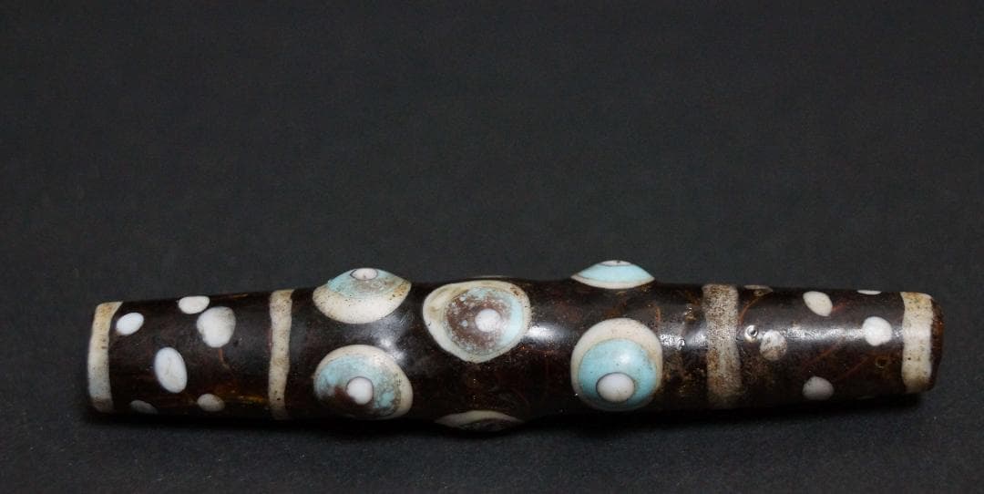 古代中国戦国玉 多眼貼付筒形大玉トンボ玉 ガラス蜻蛉玉 根付 緒締玉提げ物装飾品